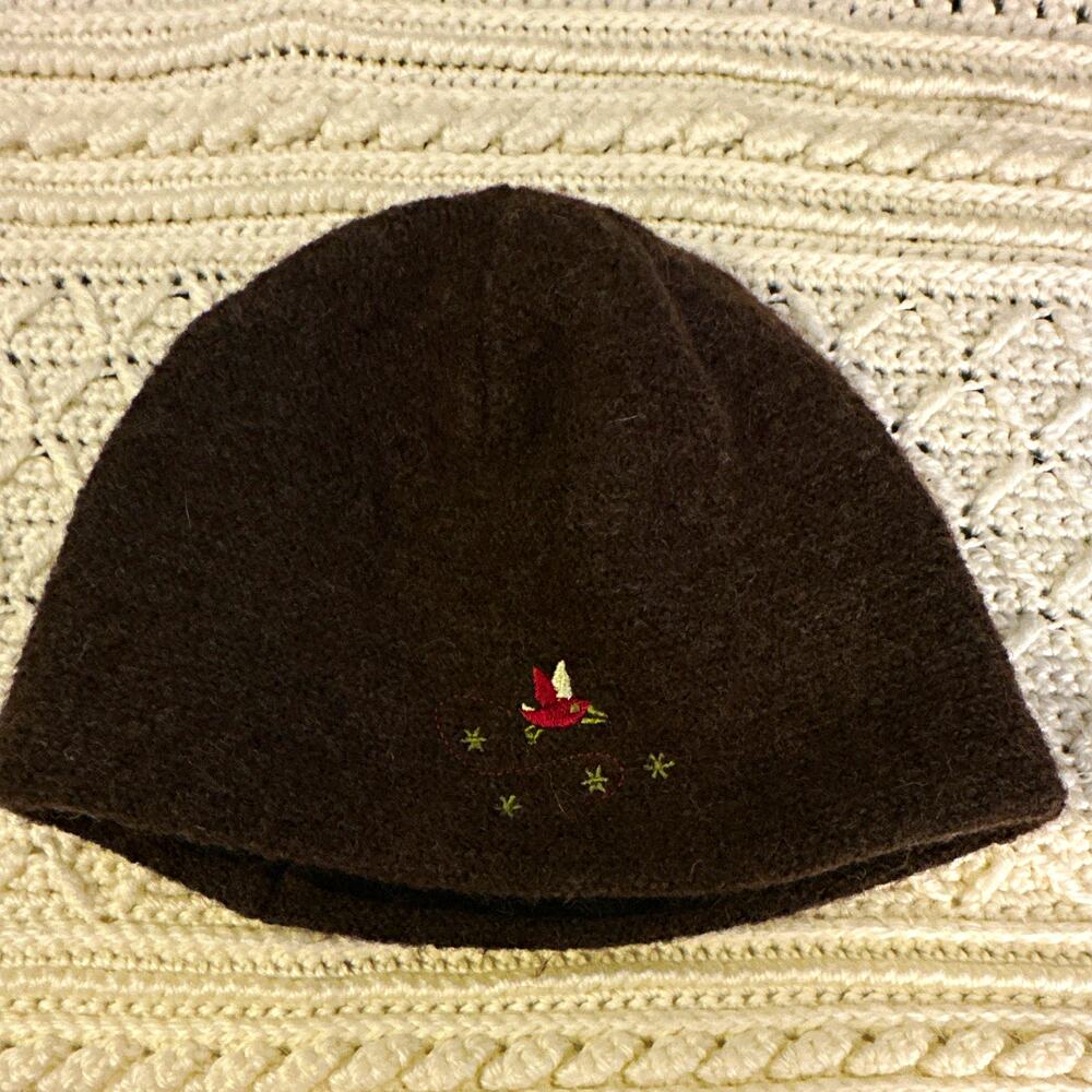Pistil Brown Wool Beanie Hat Lined Size M Womens Embroidered Bird 100% Wool